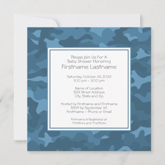 Blue Camouflage Baby Boy Dusche oder Party Einladung (Vorderseite)