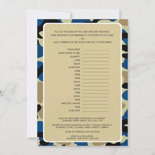 Blue Camouflage Baby Dusche - bestellbarer Name, 1 Einladung (Rückseite)