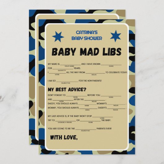 Blue Camouflage Baby Dusche - bestellbarer Name, 1 Einladung (Vorne/Hinten)