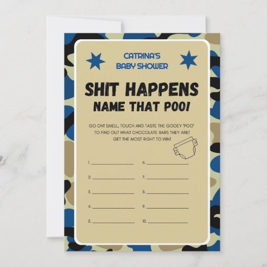 Blue Camouflage Baby Dusche - bestellbarer Name, 1 Einladung (Vorderseite)