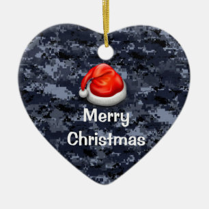 Blue Camouflage Heart Merry Christmas Ornament