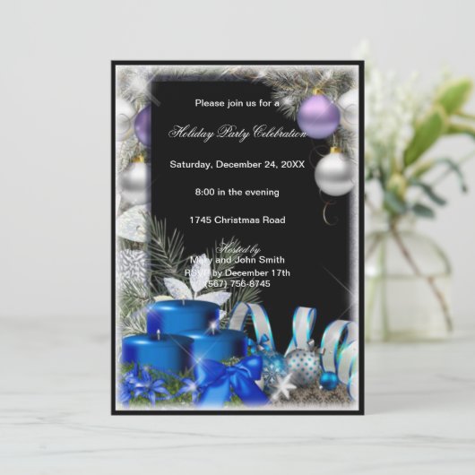 Blue Candles Baubles Weihnachts-Party Einladung (Stehend Vorderseite)