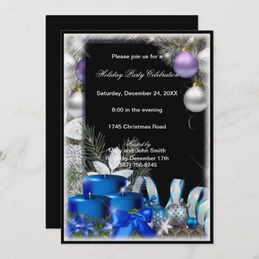 Blue Candles Baubles Weihnachts-Party Einladung (Vorne/Hinten)