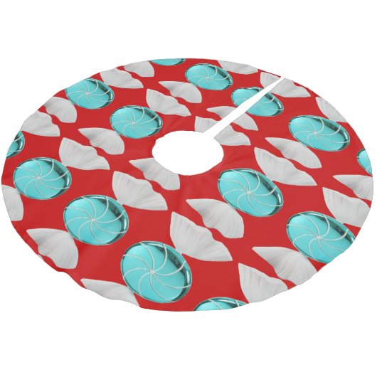 Blue Candy on Red Tree Skirt Polyester Weihnachtsbaumdecke (Schrägansicht)