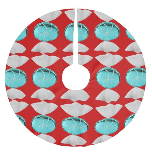 Blue Candy on Red Tree Skirt Polyester Weihnachtsbaumdecke (Vorderseite)