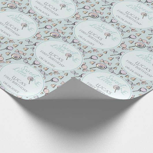 Blue Candy Theme Erster Geburtstag Geschenkpapier (Ecke)