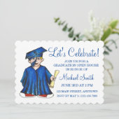 Blue Cap Gown School Graduation Party Open House Einladung (Stehend Vorderseite)