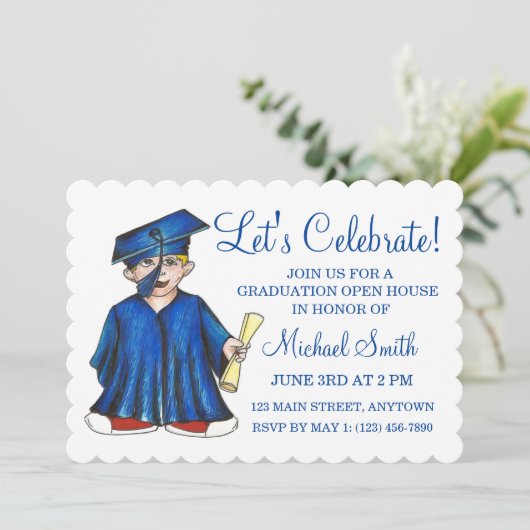 Blue Cap Gown School Graduation Party Open House Einladung (Stehend Vorderseite)