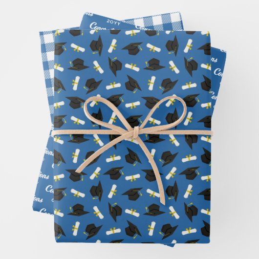Blue Caps Diplomas Mixed Graduation Patterns Geschenkpapier Set (Beispiel)