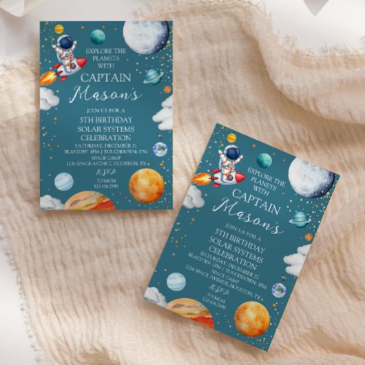 Blue Captain Rocket Solar System Adventure Kids  Einladung