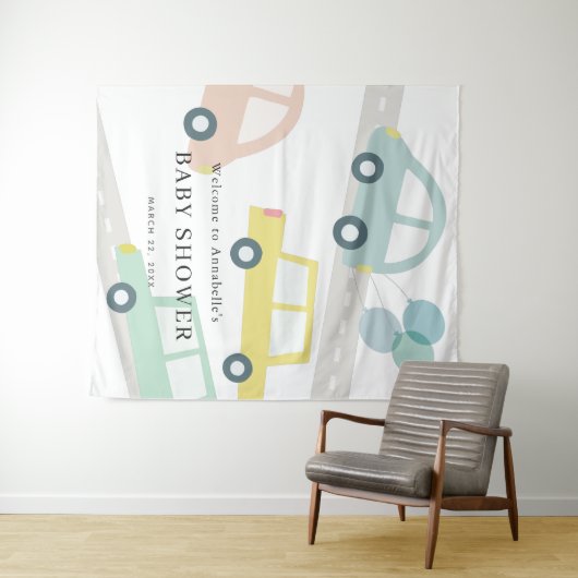 Blue Car Balloons White Boy Baby Dusche Willkommen Wandteppich (Beispiel (Horizontal))