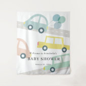 Blue Car Balloons White Boy Baby Dusche Willkommen Wandteppich (Vorderseite)