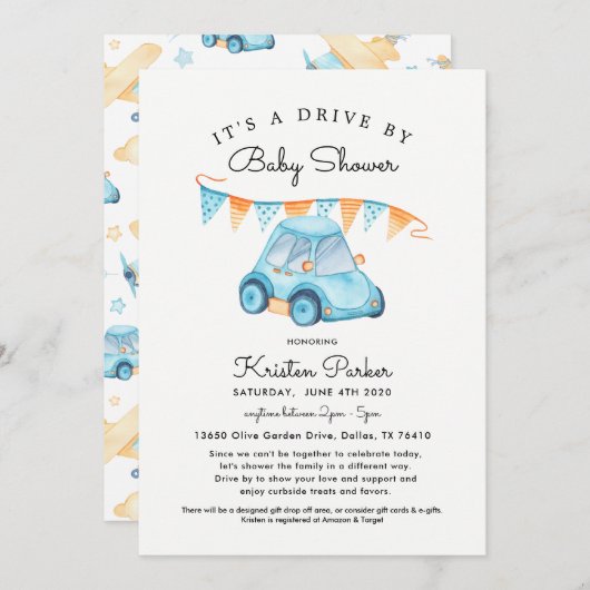 Blue Car Drive by Baby Shower Einladung Junge (Vorne/Hinten)