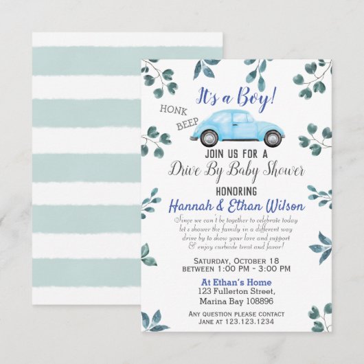 Blue Car & Greenery Drive by Baby Shower Parade Einladung (Vorne/Hinten)