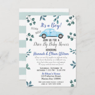 Blue Car & Greenery Drive by Baby Shower Parade Einladung