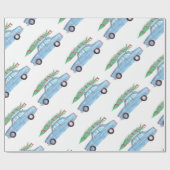 Blue Car mit Weihnachtsbaum Wasserfarbe Geschenkpapier (Flach)