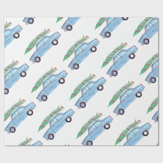 Blue Car mit Weihnachtsbaum Wasserfarbe Geschenkpapier (Flach)
