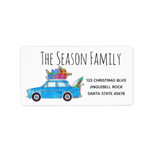 Blue Car mit Weihnachtsgeschenken Wasserfarbe Adressaufkleber