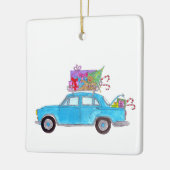 Blue Car mit Weihnachtsgeschenken Wasserfarbe Keramikornament (Links)