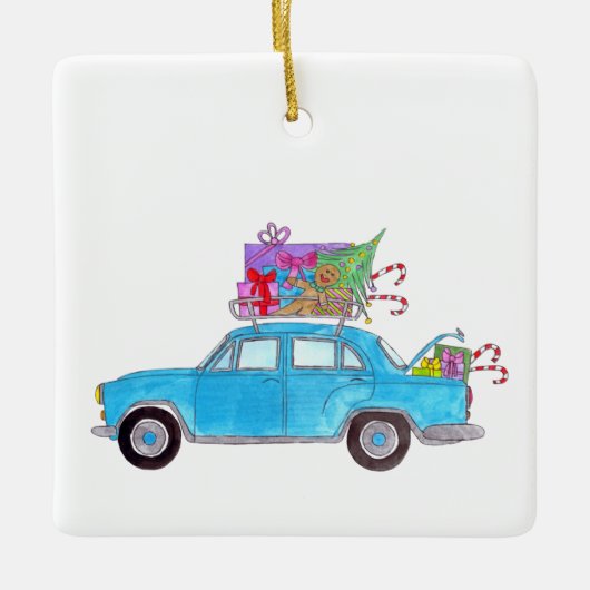Blue Car mit Weihnachtsgeschenken Wasserfarbe Keramikornament (Vorderseite)