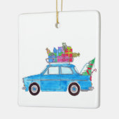 Blue Car mit Weihnachtsgeschenken Wasserfarbe Keramikornament (Links)