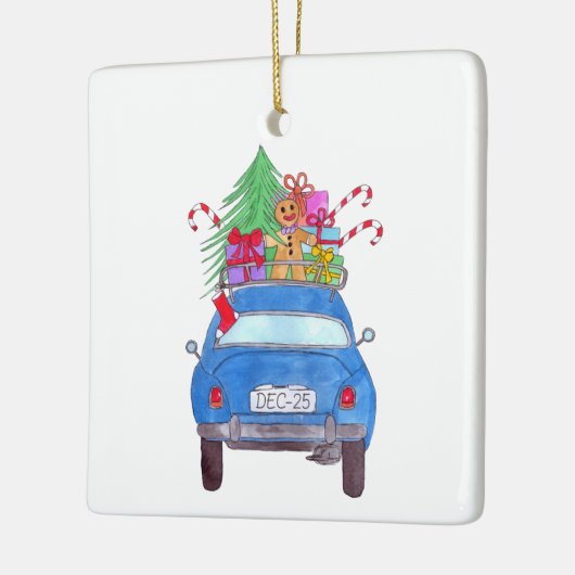 Blue Car mit Weihnachtsgeschenken Wasserfarbe Keramikornament (Links)