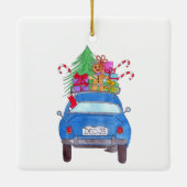 Blue Car mit Weihnachtsgeschenken Wasserfarbe Keramikornament (Rückseite)