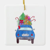 Blue Car mit Weihnachtsgeschenken Wasserfarbe Keramikornament (Vorderseite)