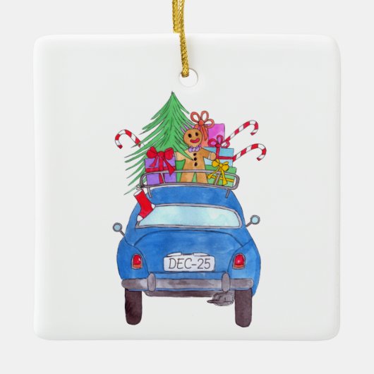 Blue Car mit Weihnachtsgeschenken Wasserfarbe Keramikornament (Vorderseite)