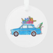 Blue Car mit Weihnachtsgeschenken Wasserfarbe Ornament (Rückseite)