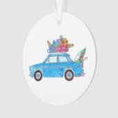 Blue Car mit Weihnachtsgeschenken Wasserfarbe Ornament (Vorderseite)
