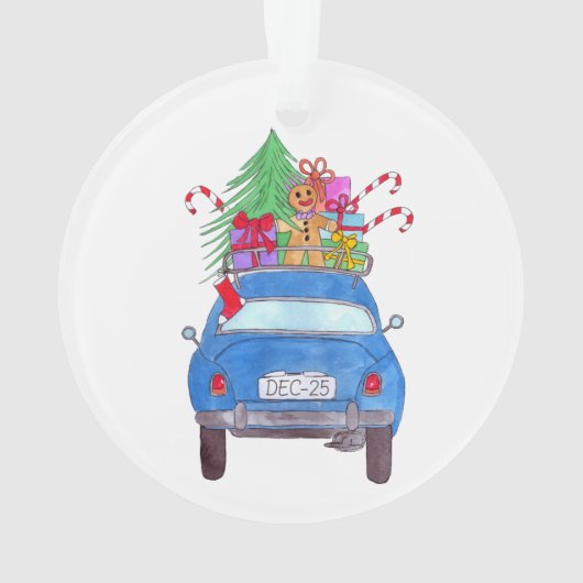 Blue Car mit Weihnachtsgeschenken Wasserfarbe Ornament (Rückseite)