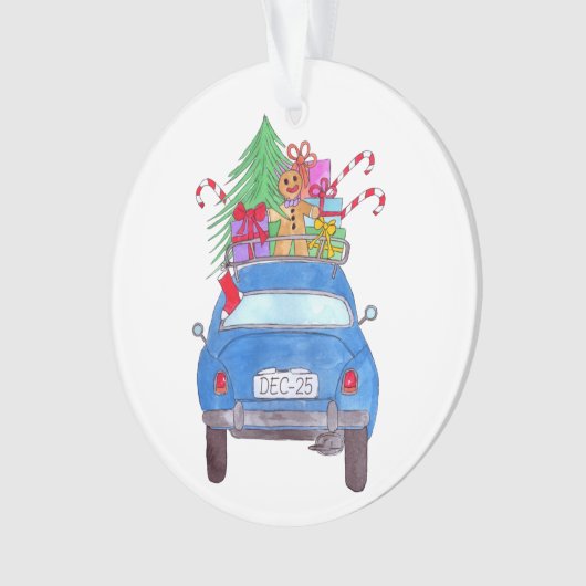 Blue Car mit Weihnachtsgeschenken Wasserfarbe Ornament (Vorderseite)