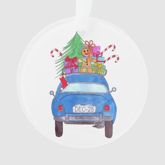 Blue Car mit Weihnachtsgeschenken Wasserfarbe Ornament (Vorderseite)