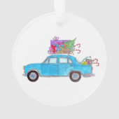 Blue Car mit Weihnachtsgeschenken Wasserfarbe Ornament (Rückseite)