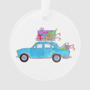 Blue Car mit Weihnachtsgeschenken Wasserfarbe Ornament
