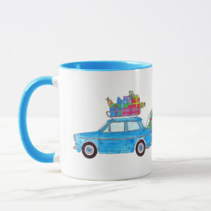 Blue Car mit Weihnachtsgeschenken Wasserfarbe Tasse