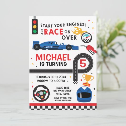 Blue Car Racing Birthday kid Invitation Einladung (Stehend Vorderseite)