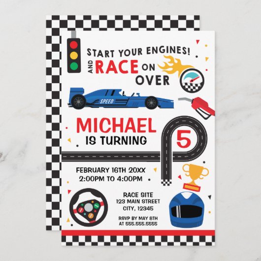 Blue Car Racing Birthday kid Invitation Einladung (Vorne/Hinten)