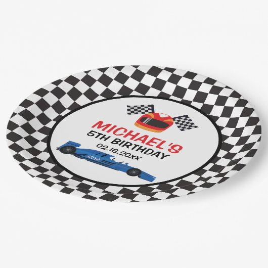 Blue Car Racing Birthday Pappteller (Schrägansicht)