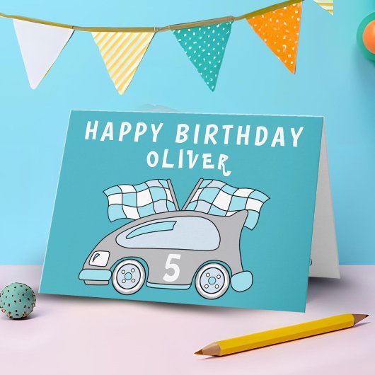 Blue Car Racing Flag Boy Birthday Card Karte