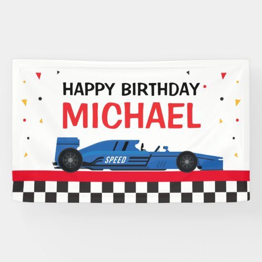 Blue Car racing Happy Birthday backdrop Banner (Horizontal)