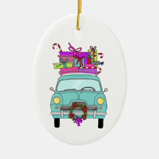 Blue Car with Christmas Ohrts Keramik Ornament (Vorne)