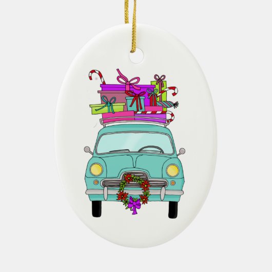 Blue Car with Christmas Ohrts Keramik Ornament (Hinten)