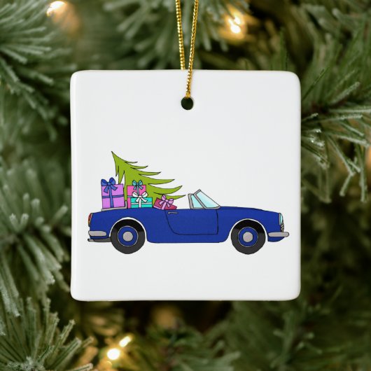 Blue Car with Christmas Ohrts Keramikornament (Baum)
