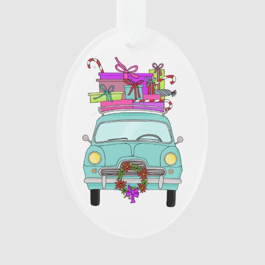 Blue Car with Christmas Ohrts Ornament (Vorderseite)