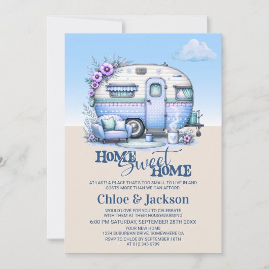 Blue Caravan Funny Housewarming Party Einladung (Vorderseite)