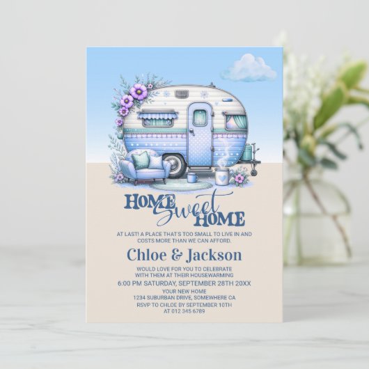 Blue Caravan Funny Housewarming Party Einladung (Stehend Vorderseite)