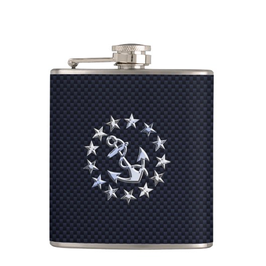 Blue Carbon Fibre Nautical Chrome Yacht Flag Print Flachmann (Vorderseite)