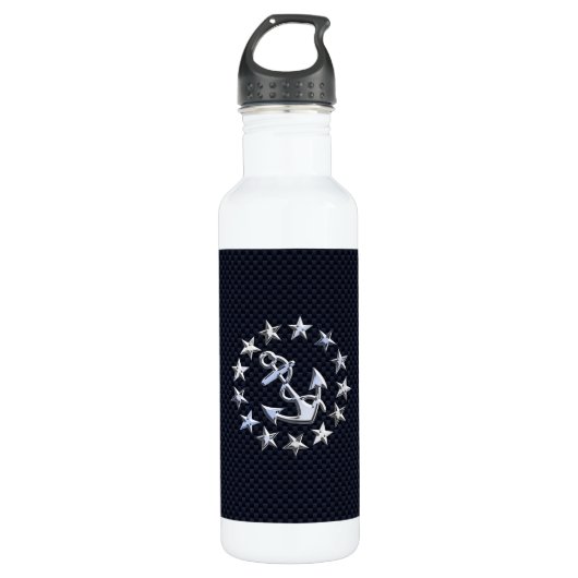 Blue Carbon Fibre Nautical Chrome Yacht Flag Print Trinkflasche (Vorderseite)